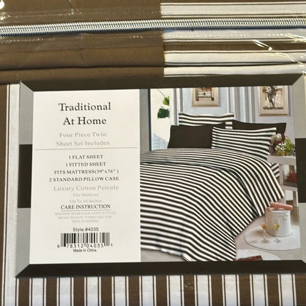 Traditional At Home 4pc Twin Sheet Set Brownie Brown with white stripes